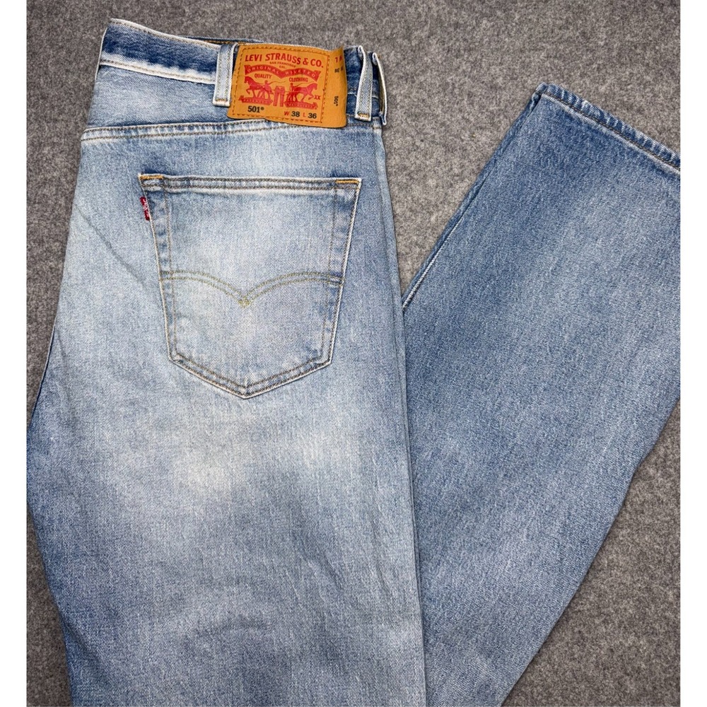 Levis 501 Original Fit Jeans Mens 38x36 Light Blue Distressed Denim Button Fly
